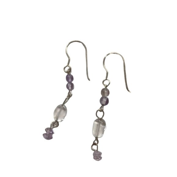 Set Delicate Silvertone 18" Necklace and 1.5" Drop Hook Earrings Orchid Beads - Picture 5 of 11